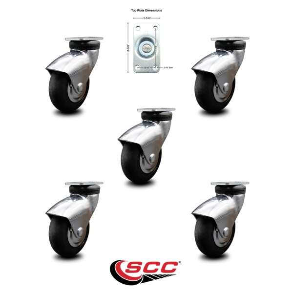 3 Inch Bright Chrome Hooded Neoprene Rubber Top Plate Casters SCC, 5PK